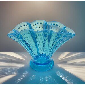 RARE 1940’s Fenton Opalescent Blue Hobnail Footed Fan Vase Ruffled Glass Vintage